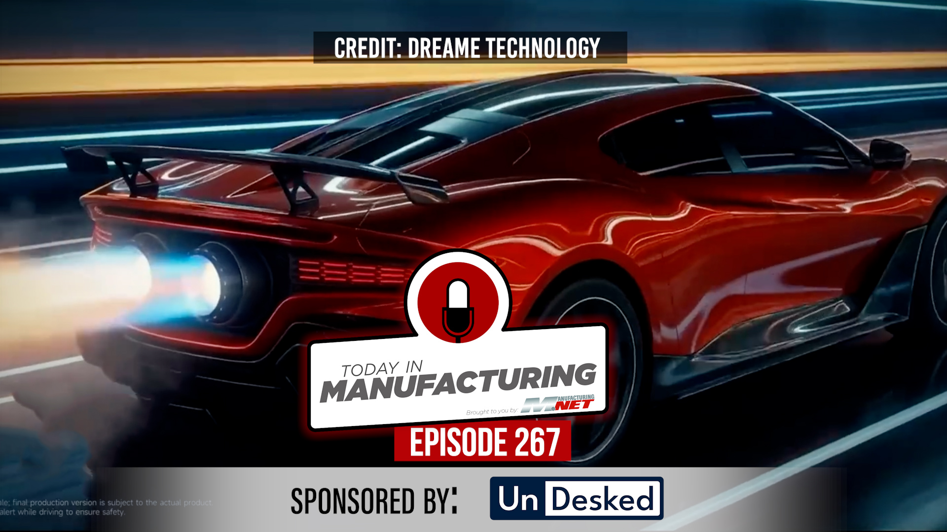 Futuristic red sports car with neon lighting effects on a high-speed track for Today in Manufacturing Episode 267 podcast