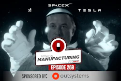 Podcast episode 269 cover featuring SpaceX, Tesla, and X logos with astronaut in space suit, sponsored by Outsystems