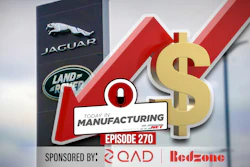 Today in Manufacturing Episode 270 podcast promotional graphic featuring Jaguar Land Rover logos and sponsors QAD and Red-zone