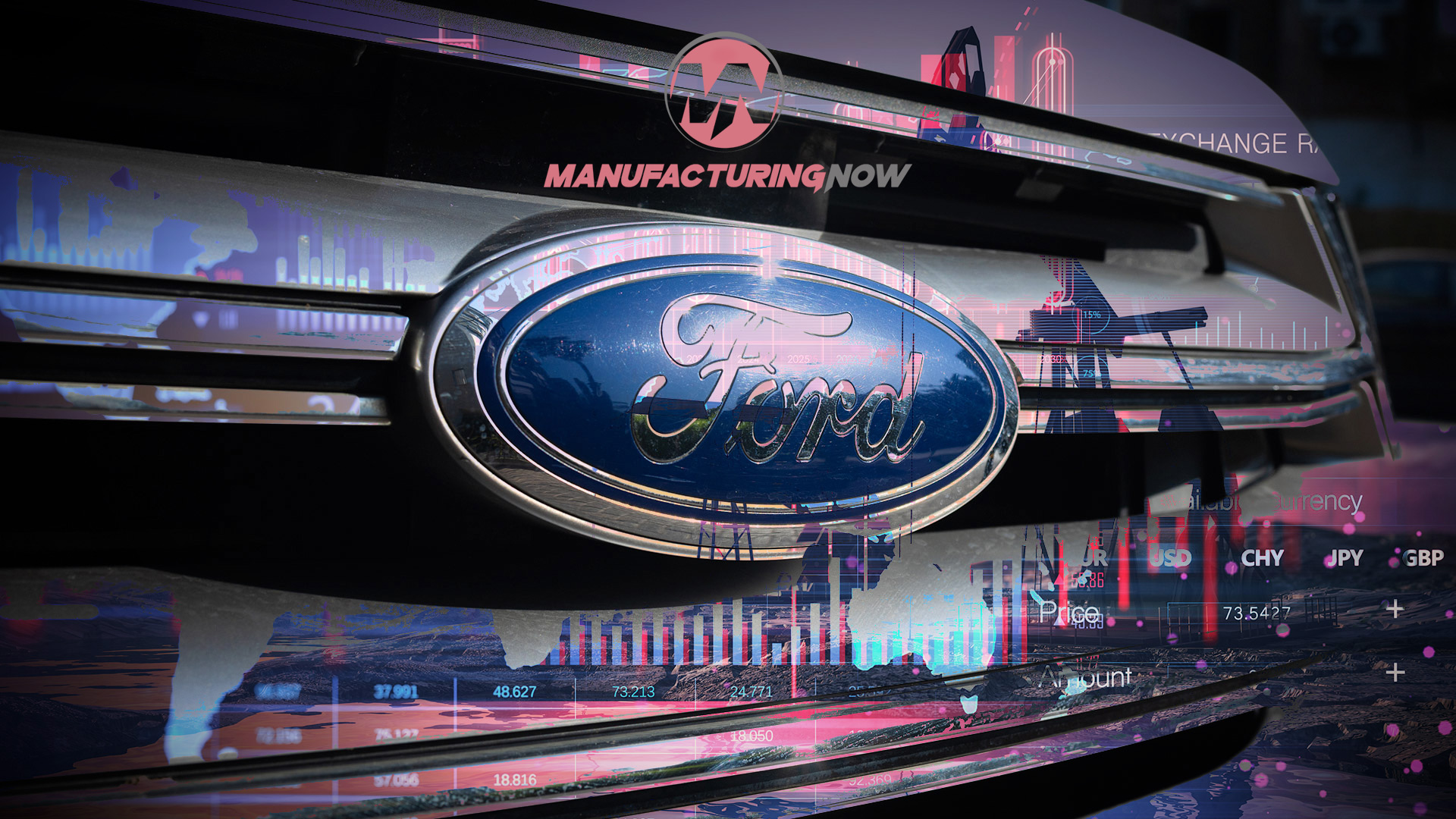 Ford vehicle grille with blue oval logo displayed in manufacturing advertisement with financial data visualizations and industrial cityscape background