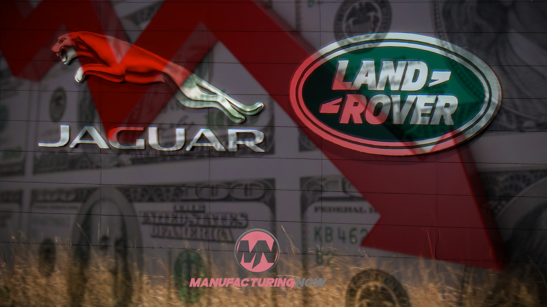 Jaguar and Land Rover luxury automotive brand logos displayed on signage with manufacturing facility backdrop