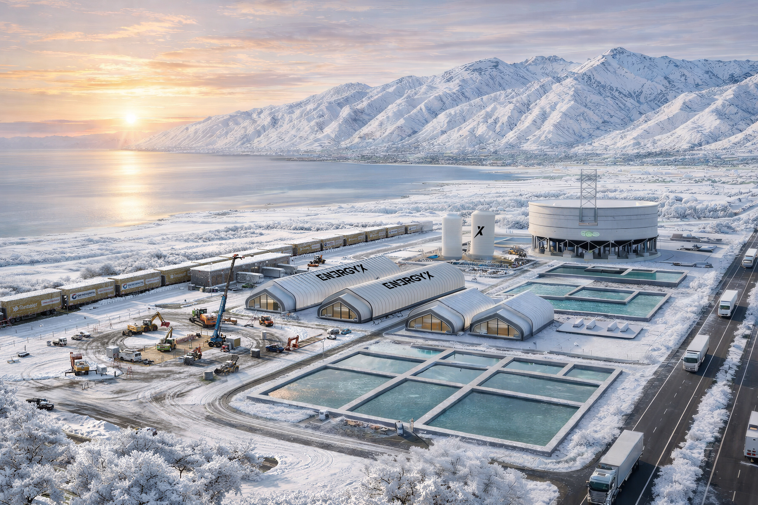 Aerial view of snow-covered aquaculture facility with white buildings and rectangular fish ponds beside a frozen lake and snow-capped mountains at sunrise.