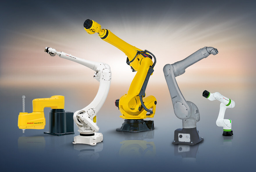 Collection of FANUC industrial robotic arms in yellow, white, and gray displayed against gradient background