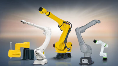 Collection of FANUC industrial robotic arms in yellow, white, and gray displayed against gradient background