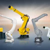 Collection of FANUC industrial robotic arms in yellow, white, and gray displayed against gradient background