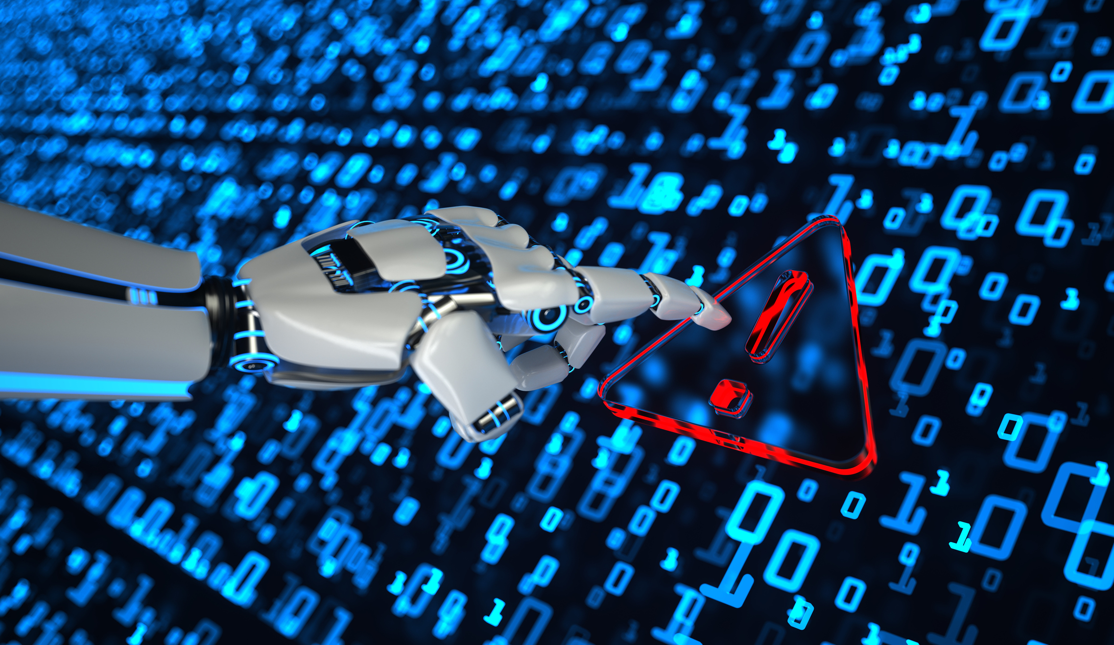 Robotic hand with red warning triangle symbol against blue digital binary code background