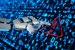 Robotic hand with red warning triangle symbol against blue digital binary code background