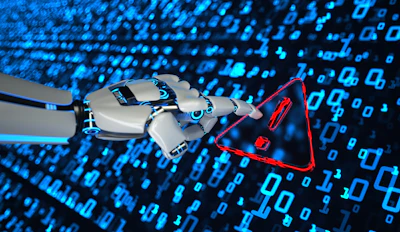 Robotic hand with red warning triangle symbol against blue digital binary code background