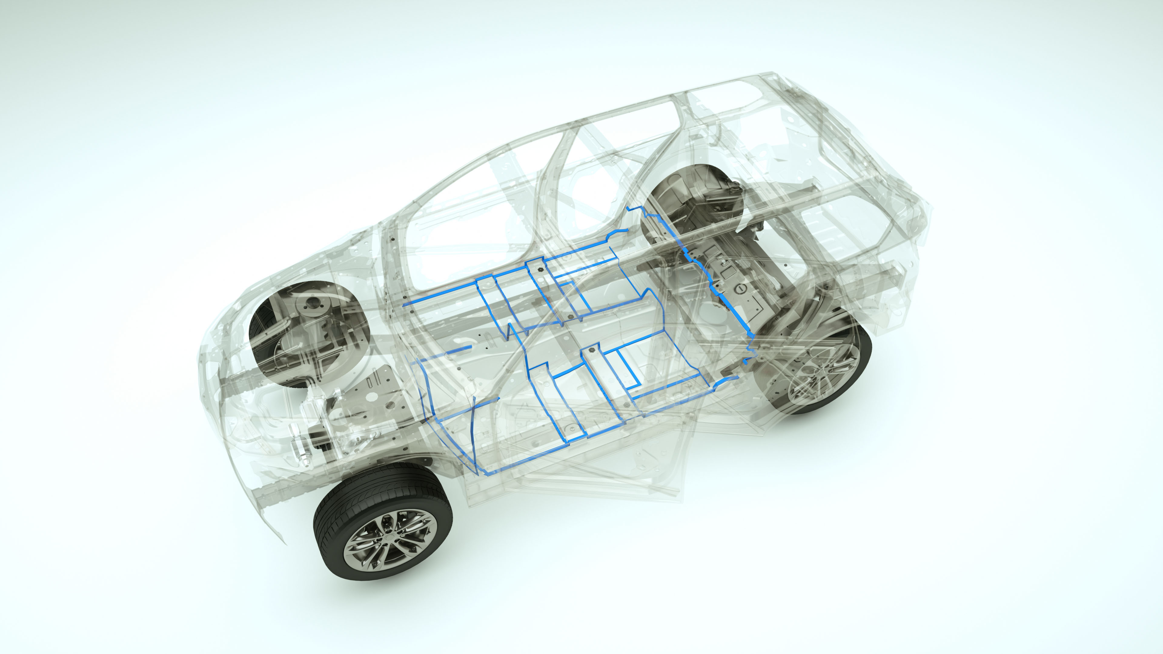 Transparent vehicle cutaway illustration displaying internal mechanical, electrical, and chassis systems from overhead perspective