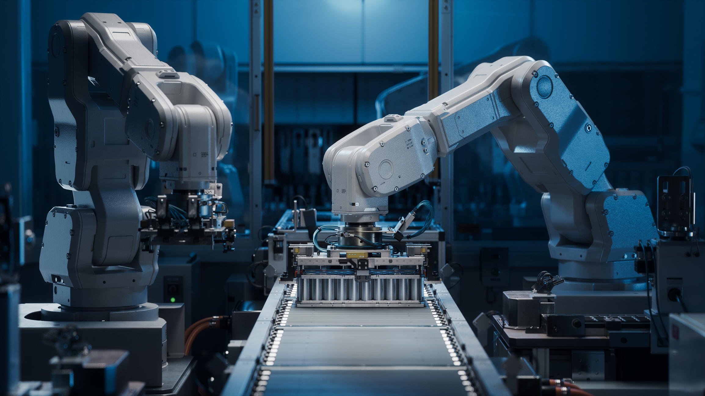Industrial robotic arms operating on an assembly line with blue ambient lighting in a modern manufacturing facility
