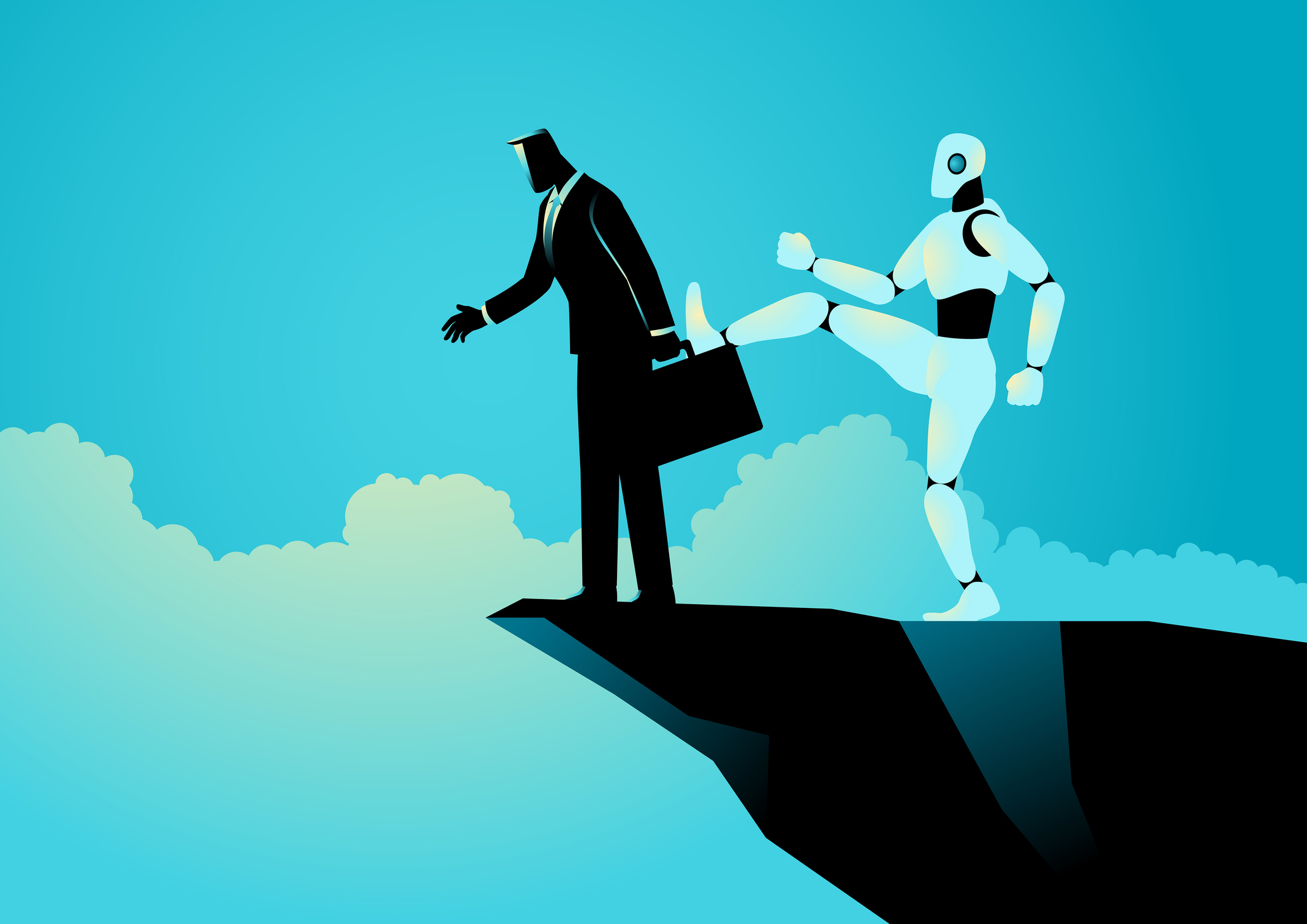 Businessman in suit kicked by white robot on cliff edge against blue sky with clouds