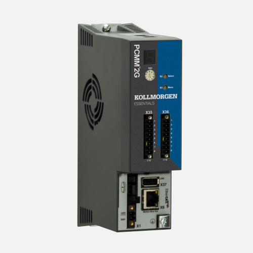 Kollmorgen PdM-06 Essentials industrial servo drive with gray housing, blue control panel, and network connectivity ports