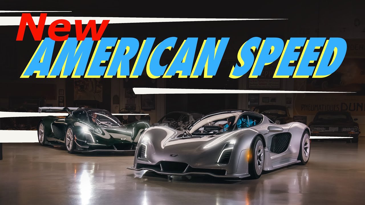 Two luxury sports cars displayed in a showroom with 'New American Speed' promotional text overlay