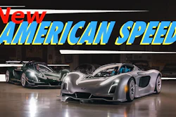 Two luxury sports cars displayed in a showroom with 'New American Speed' promotional text overlay