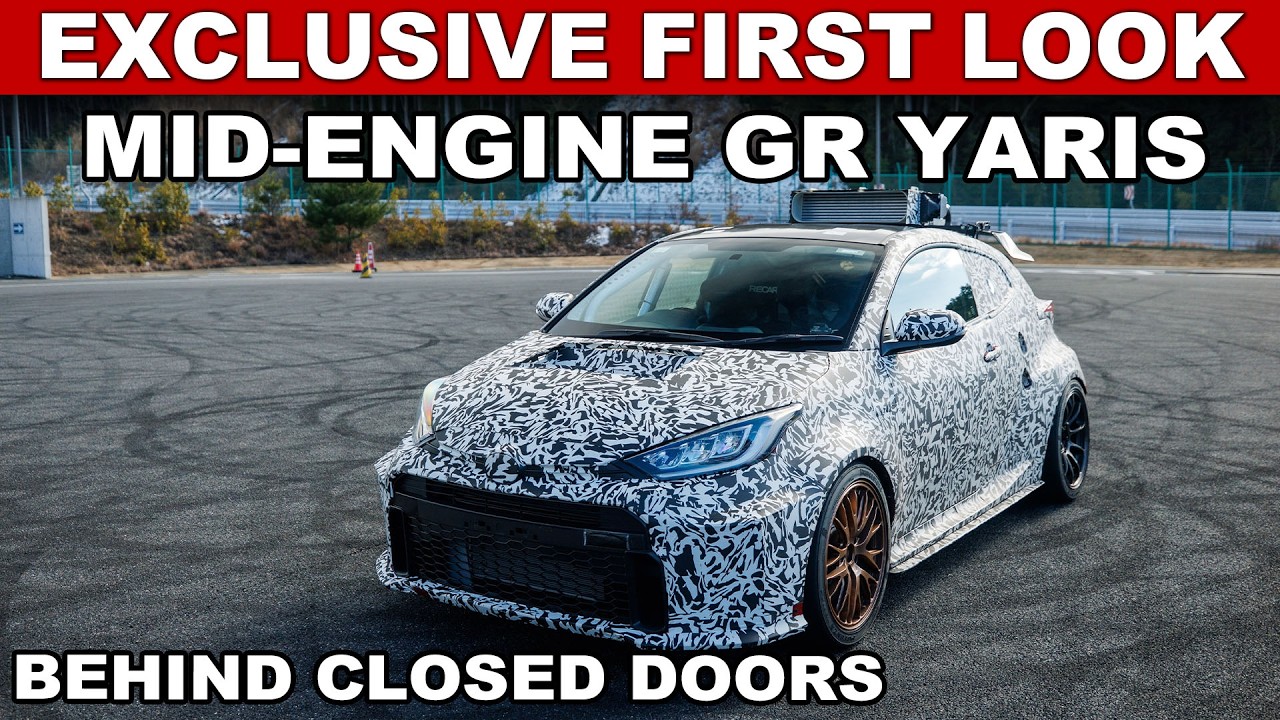 Camouflaged Toyota GR Yaris prototype mid-engine sports car in parking lot with exclusive first look text overlay