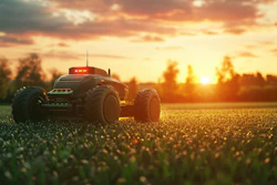 Toy remote-controlled vehicle driving through a green field during golden hour sunset with trees in the background