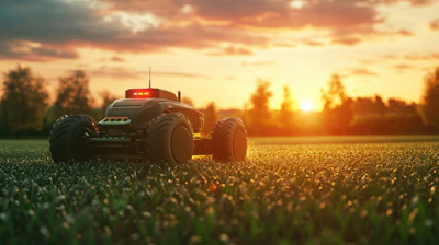 Toy remote-controlled vehicle driving through a green field during golden hour sunset with trees in the background
