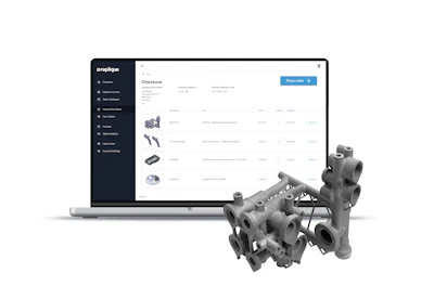 Orepique checkout interface displayed on laptop with 3D industrial mechanical parts and components