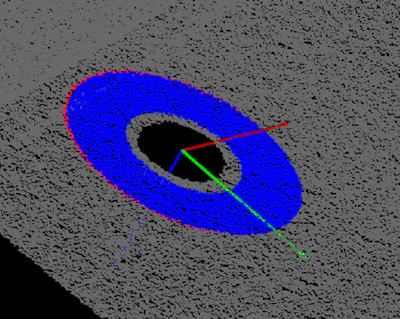 3D visualization of an elliptical orbital structure with coordinate axes on textured gray background