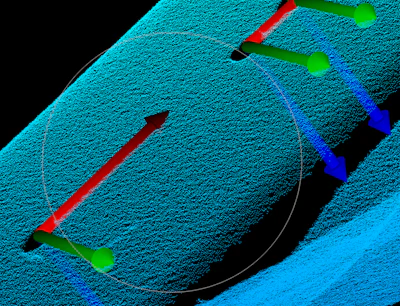 3D technical visualization with cyan textured surface, directional arrows in red, green, and blue, and coordinate axes on black background