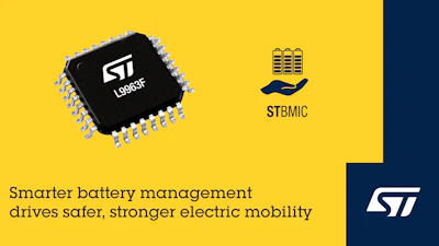 STMicroelectronics L9963F microchip and STBMIC logo on yellow background promoting smarter battery management for electric mobility