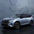 Silver Nissan SUV displayed against hexagonal patterned backdrop with mountain landscape