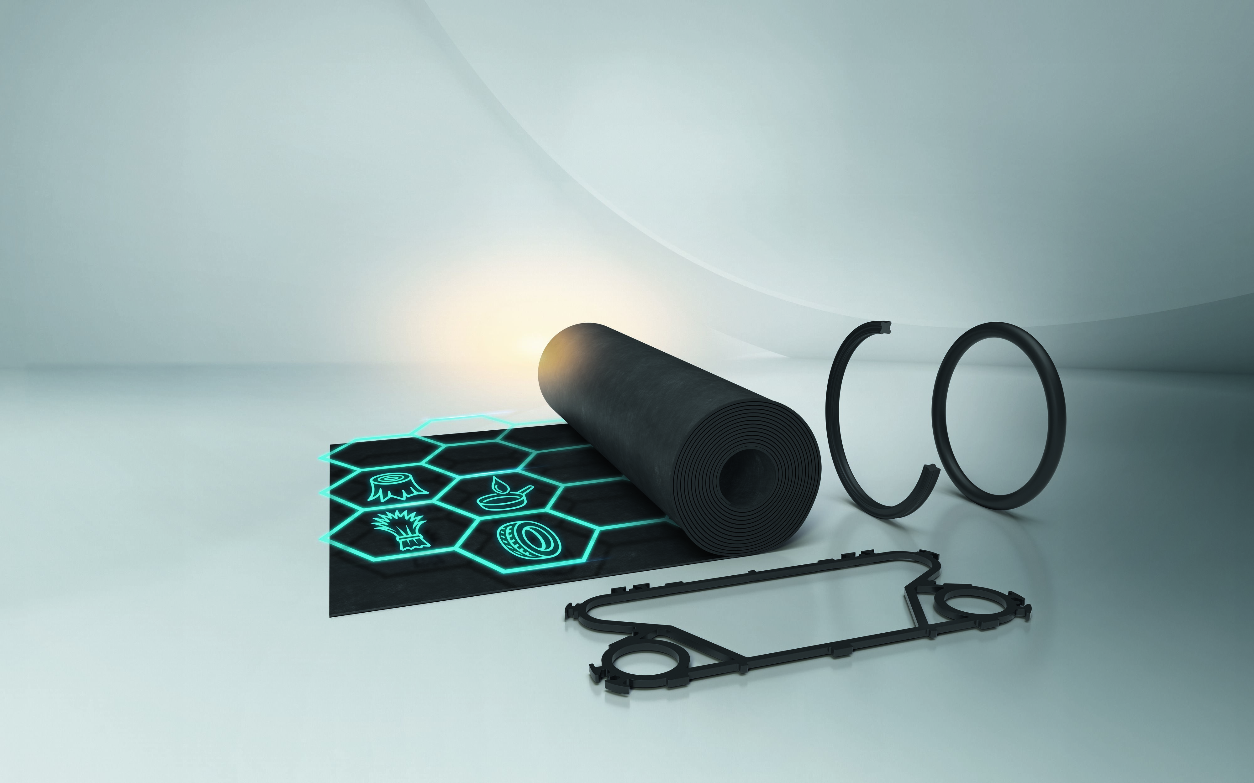 Fitness equipment set including black foam roller, patterned yoga mat, resistance rings, and jump rope on neutral background
