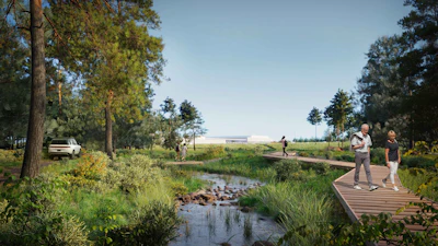Scenic park landscape with wooden boardwalk, stream, trees, and visitors enjoying outdoor recreation