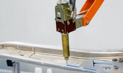 Industrial dispensing apparatus with orange arm and brass components mounted on metal base