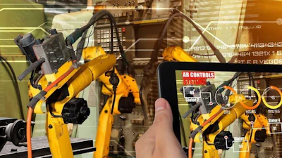 Augmented reality interface displaying industrial robotic arms with control panels and operational overlays in a warehouse setting