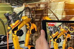 Augmented reality interface displaying industrial robotic arms with control panels and operational overlays in a warehouse setting