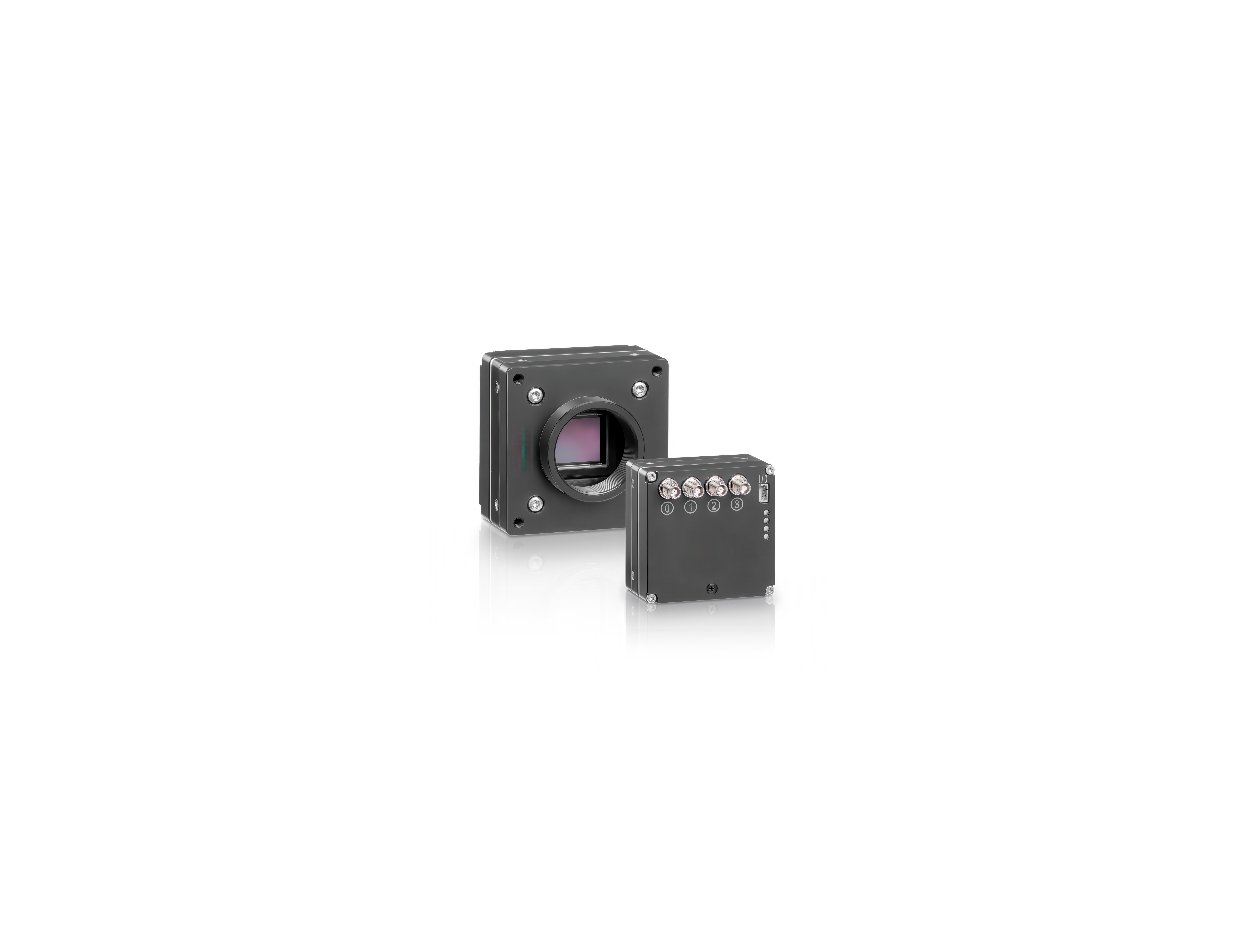 Industrial machine vision camera system with sensor head and control unit featuring multiple connection ports