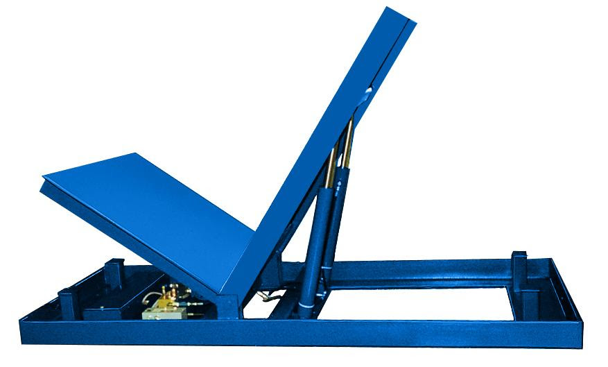 Blue hydraulic dock leveler with adjustable ramp and mechanical lifting mechanism on white background