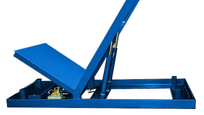 Blue hydraulic dock leveler with adjustable ramp and mechanical lifting mechanism on white background