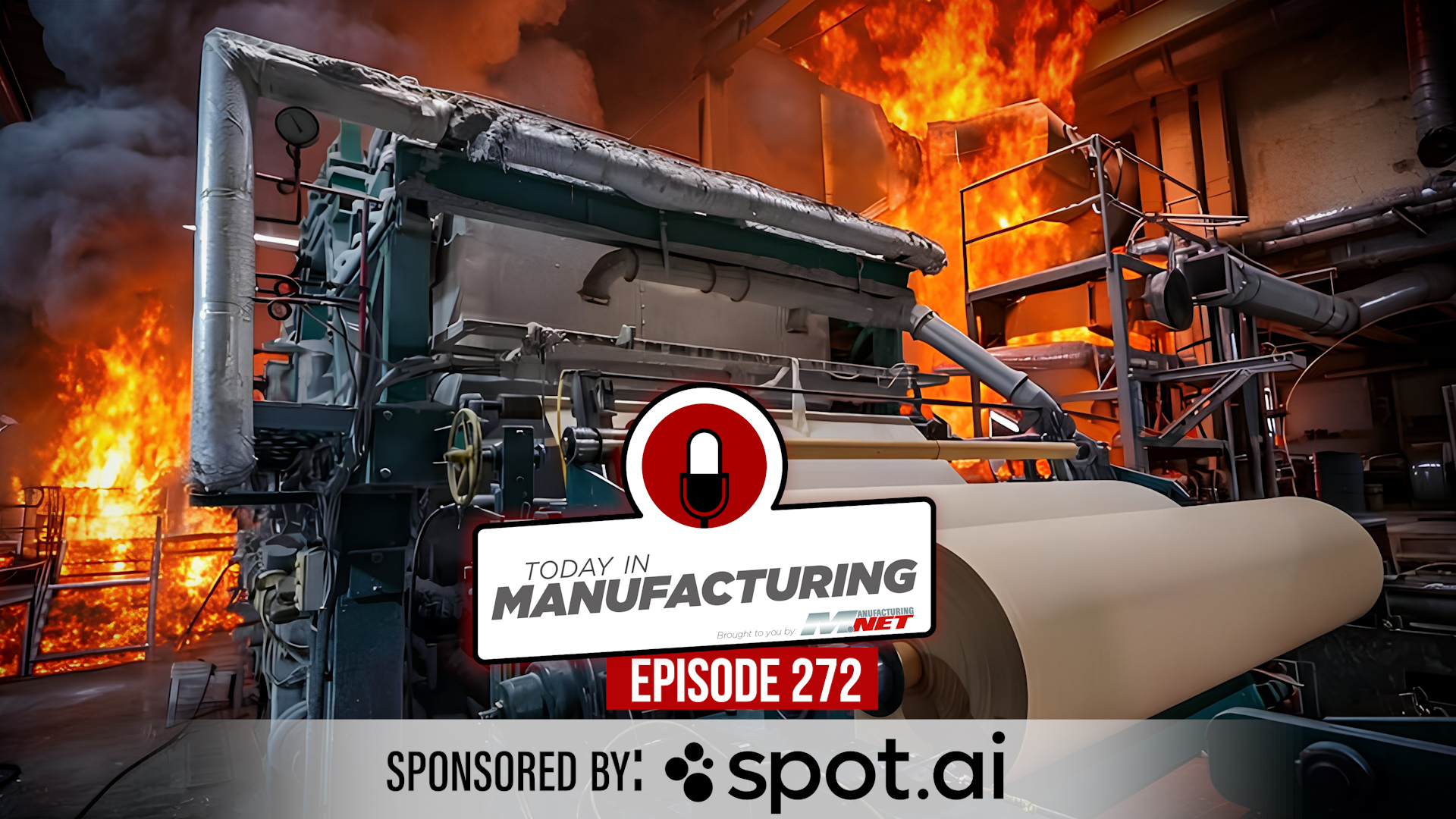 Industrial manufacturing facility with intense flames and machinery, featuring Making in Manufacturing Episode 272 sponsored by Spot.ai