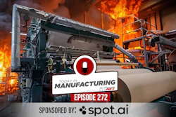 Industrial manufacturing facility with intense flames and machinery, featuring Making in Manufacturing Episode 272 sponsored by Spot.ai