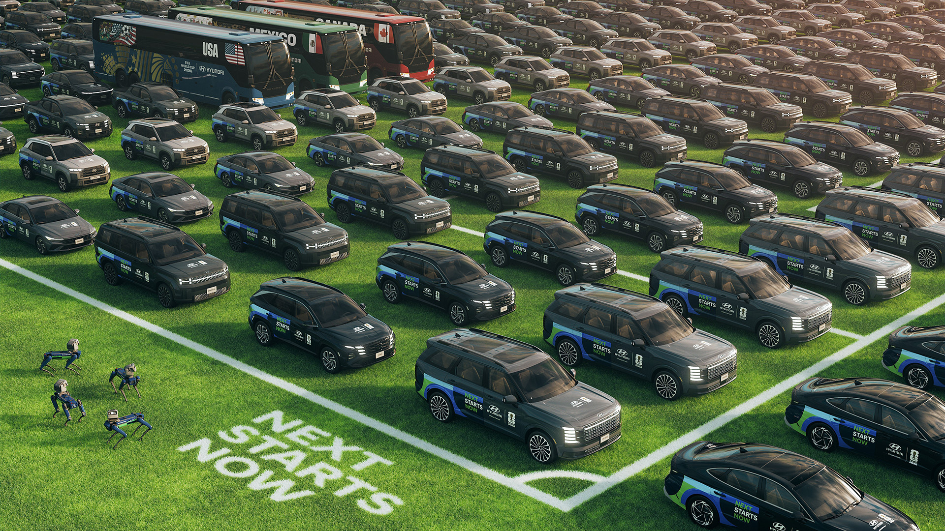 Large fleet of black police vehicles parked in organized rows on grass with white line markings and officers visible in the foreground.