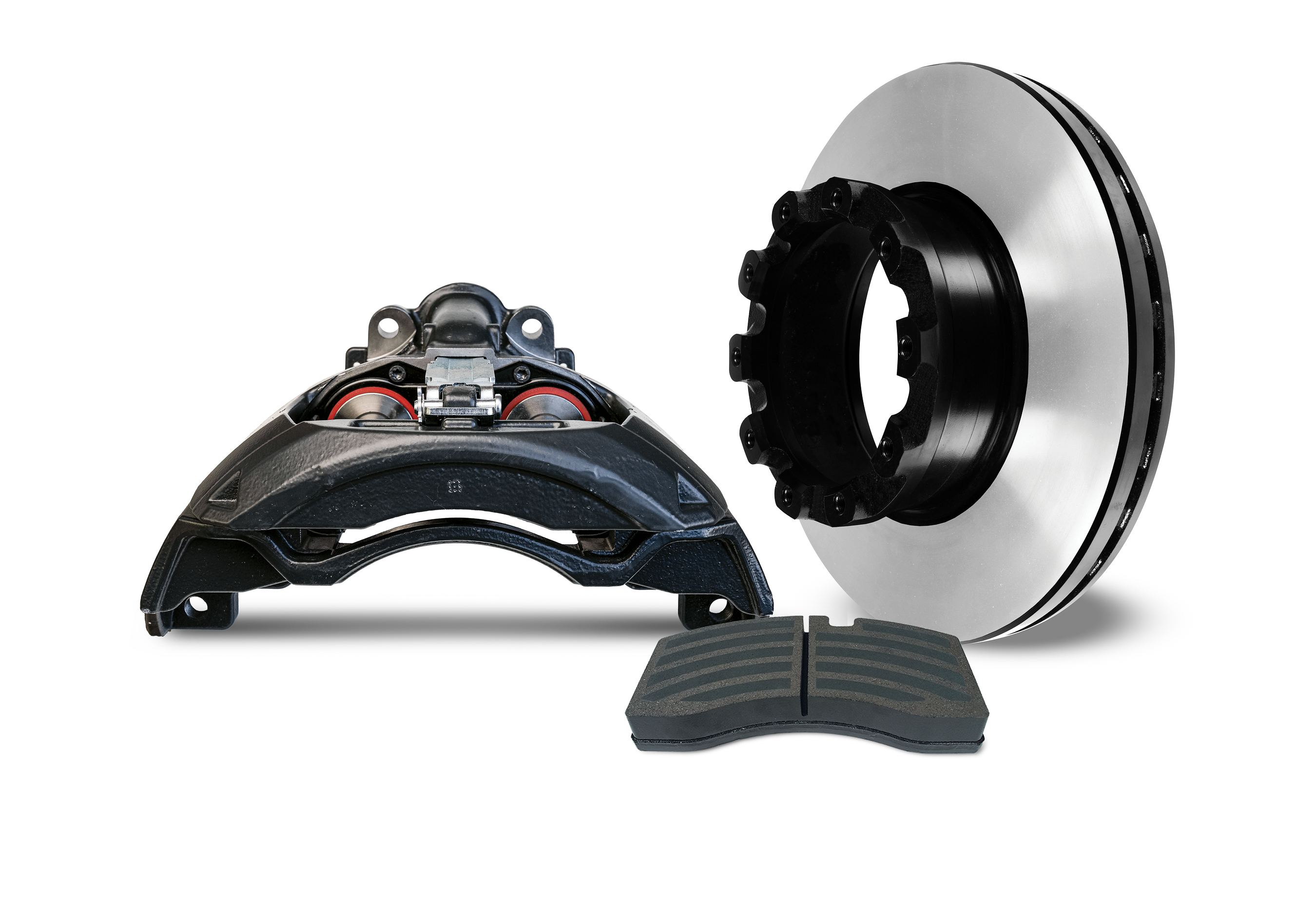 Brake system components including caliper, rotor, and pads displayed separately