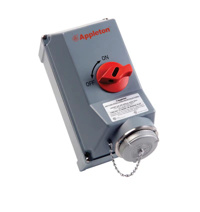 Appleton gray industrial disconnect switch with red ON/OFF handle and metal terminal base