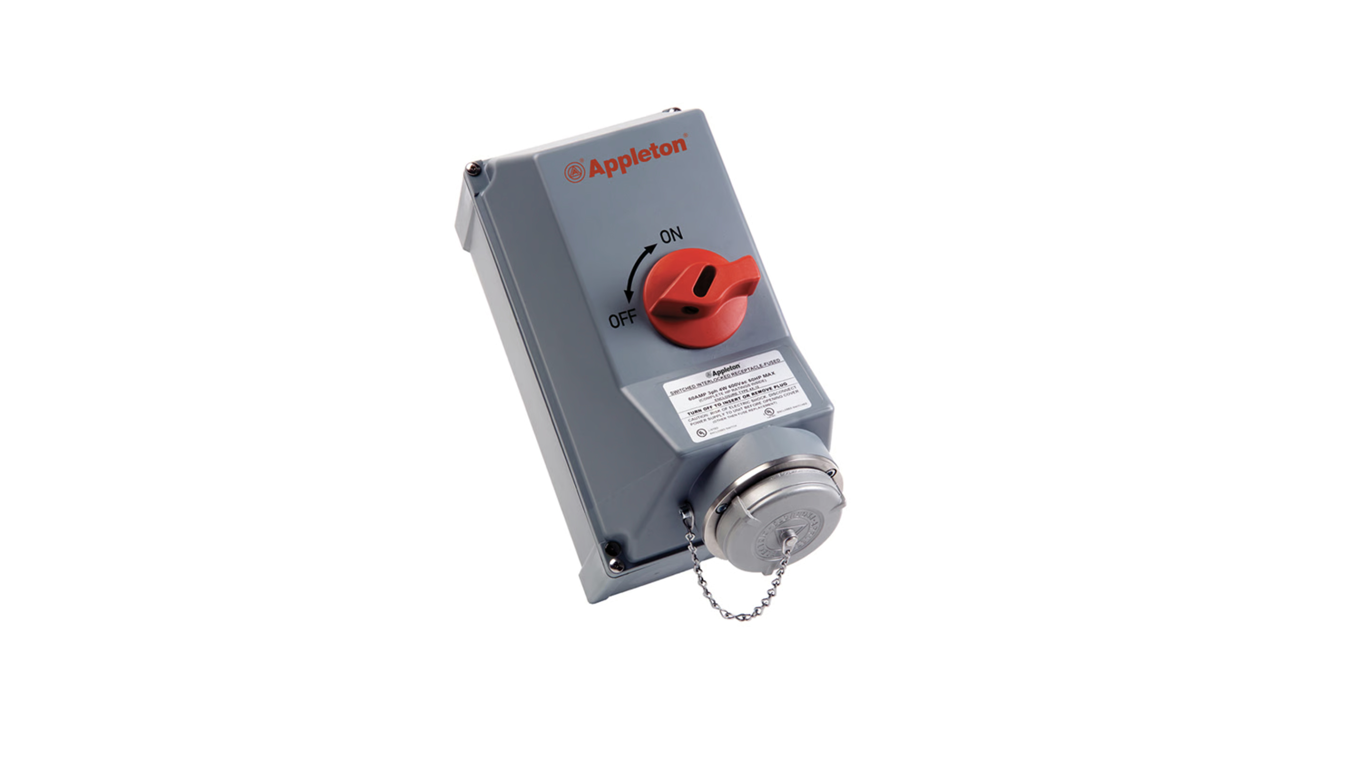 Appleton industrial electrical disconnect switch with red handle and stainless steel socket outlet