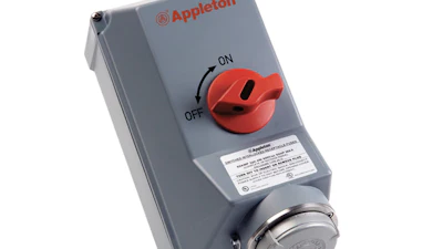 Appleton industrial electrical disconnect switch with red handle and stainless steel socket outlet
