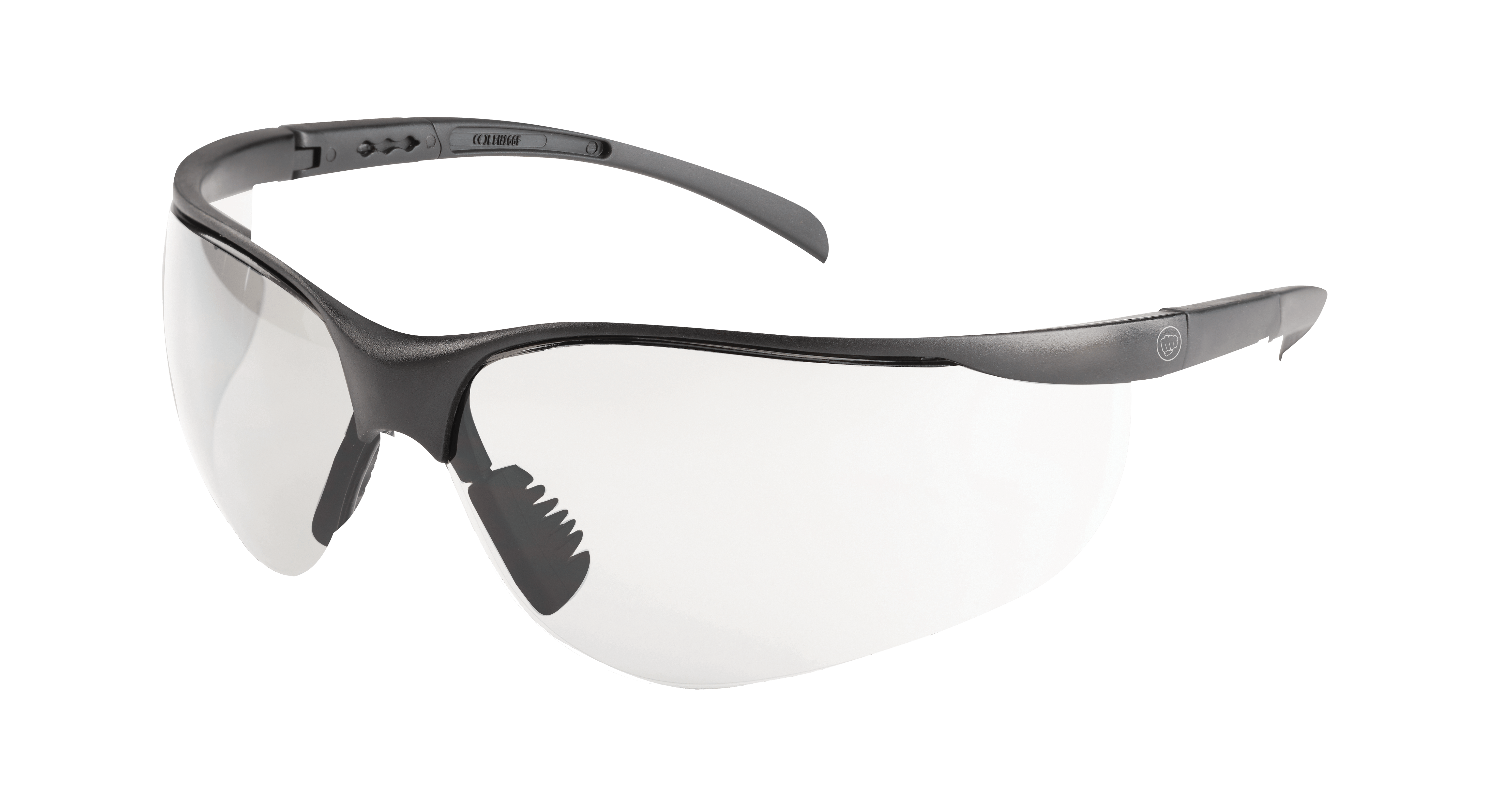 Black and gray wraparound safety glasses with clear lenses and adjustable arms