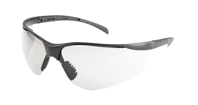 Black and gray wraparound safety glasses with clear lenses and adjustable arms