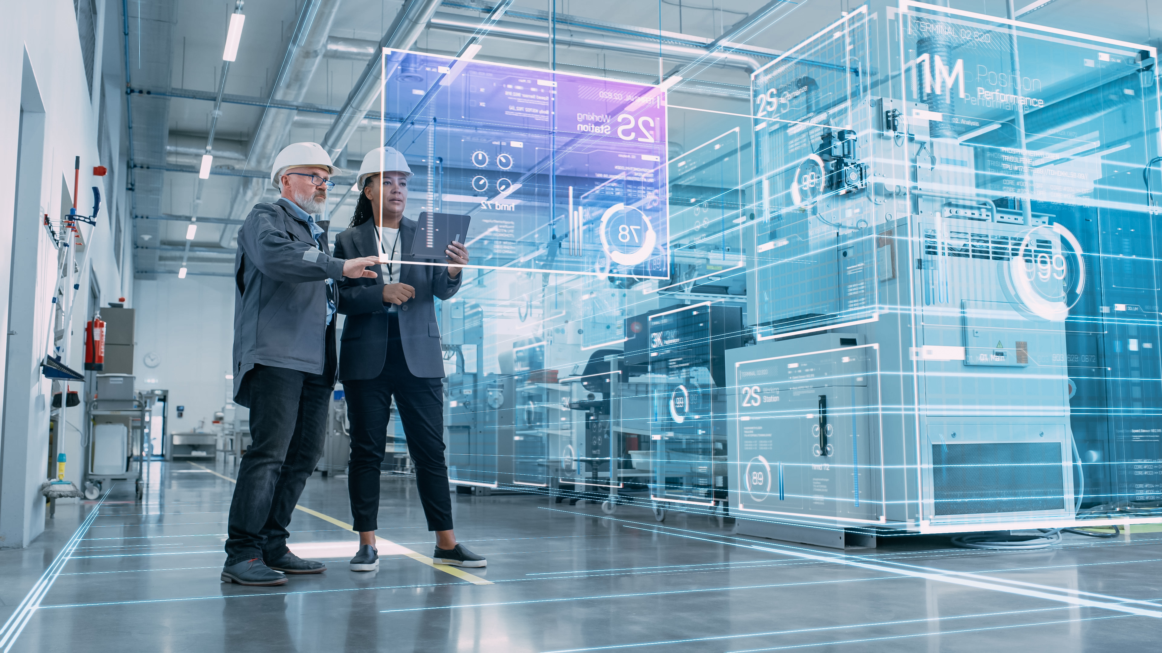 Two business professionals collaborating in modern tech facility with digital interface overlay