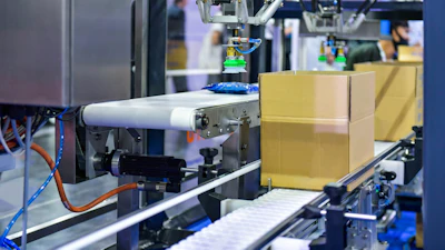 Industrial 3D printer or automated manufacturing system with yellow cardboard boxes on conveyor belt and printing head in operation