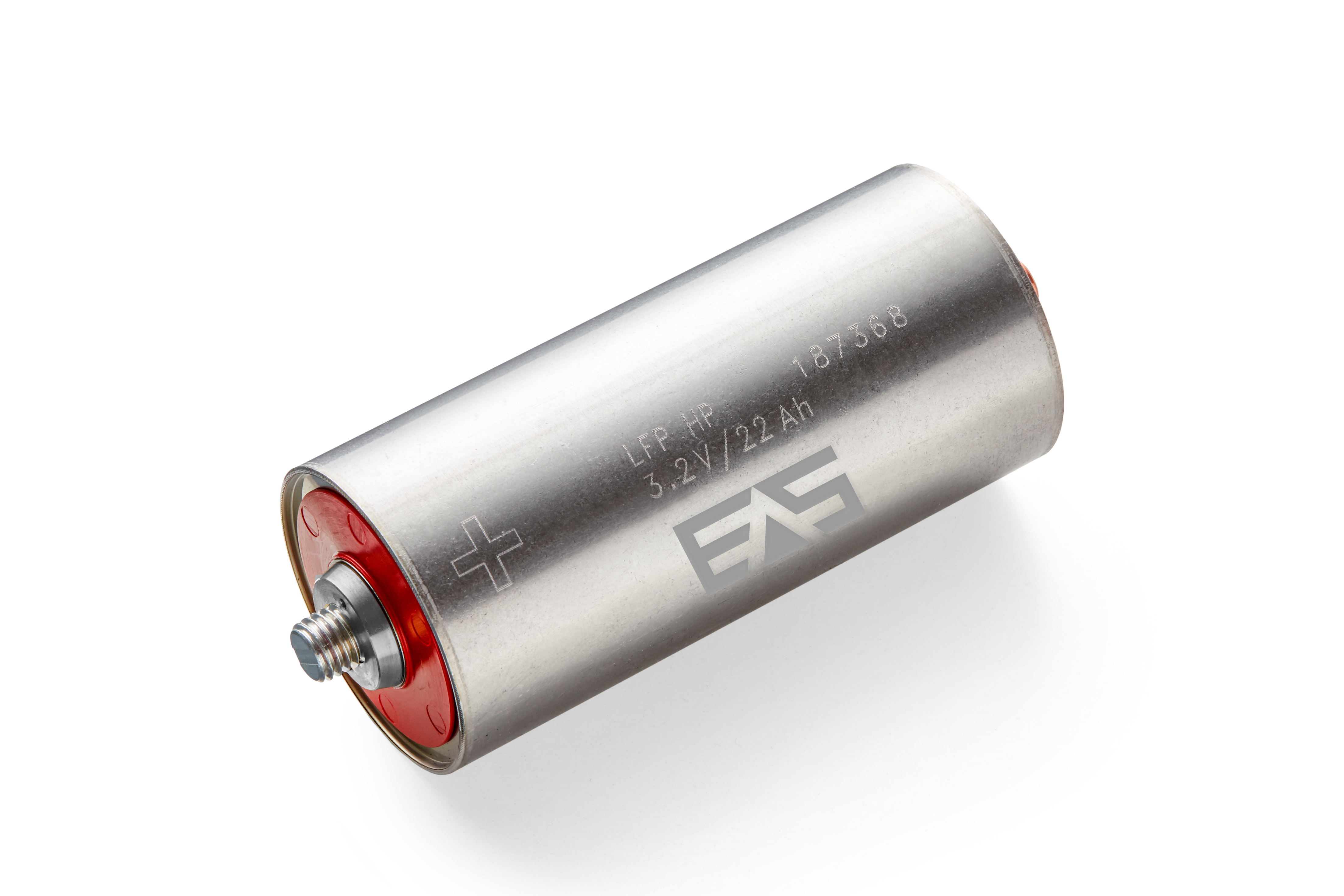 EAS cylindrical battery or supercapacitor with silver casing and red terminal end