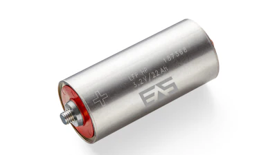EAS cylindrical battery or supercapacitor with silver casing and red terminal end