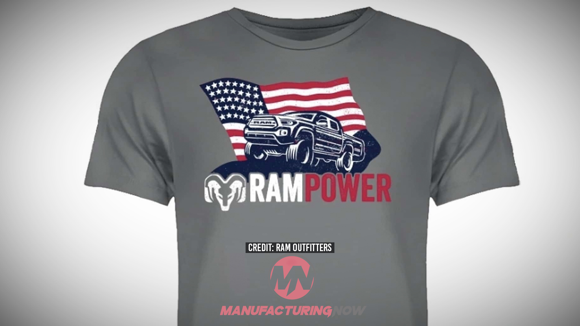 Gray t-shirt featuring RAM Power logo with pickup truck and American flag design