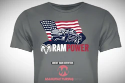 Gray t-shirt featuring RAM Power logo with pickup truck and American flag design