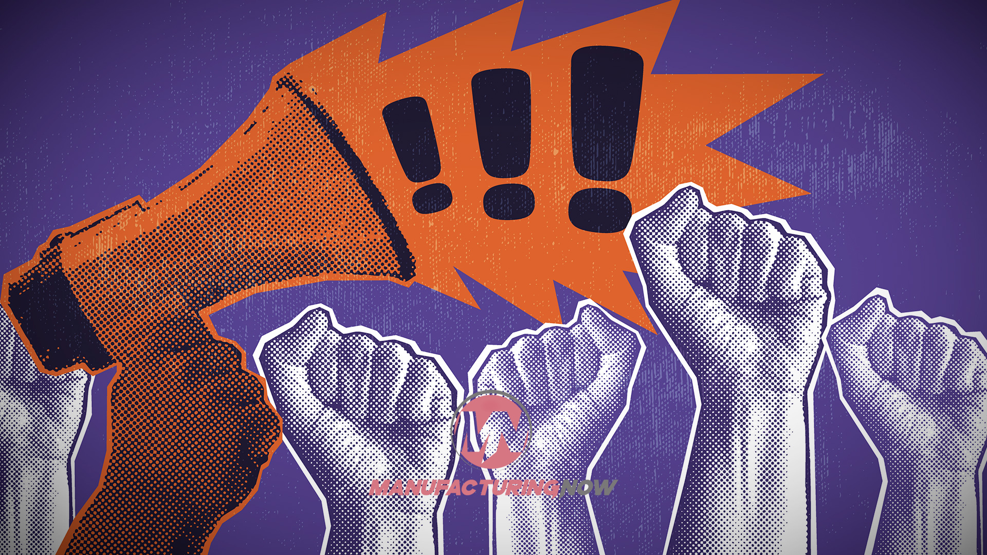 Orange megaphone with exclamation marks and raised fists illustration on purple background
